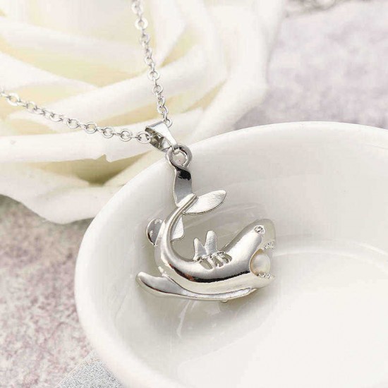 Retro Pearl Necklace Exquisite Cool High Polished Shark Pendant Chain Jewelry for Men Women Gift