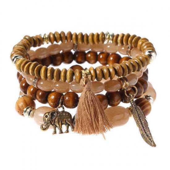 Retro Religious Leaf Elephant Pendant Elastic Multilayer Bead Bracelet for Women