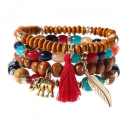 Retro Religious Leaf Elephant Pendant Elastic Multilayer Bead Bracelet for Women