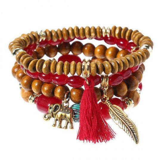 Retro Religious Leaf Elephant Pendant Elastic Multilayer Bead Bracelet for Women