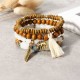 Retro Religious Leaf Elephant Pendant Elastic Multilayer Bead Bracelet for Women