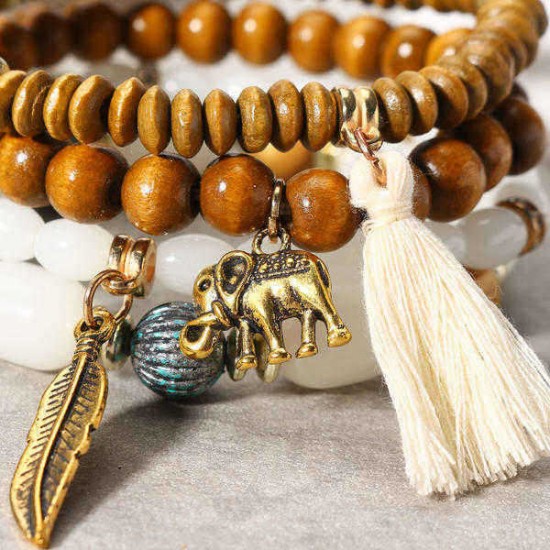 Retro Religious Leaf Elephant Pendant Elastic Multilayer Bead Bracelet for Women