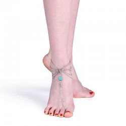 Retro Silver Anklet Turquoise Multilayer Vintage Barefoot Anklet for Women