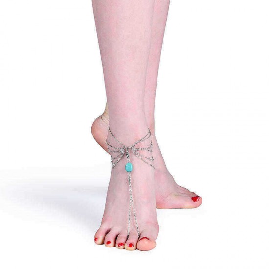 Retro Silver Anklet Turquoise Multilayer Vintage Barefoot Anklet for Women