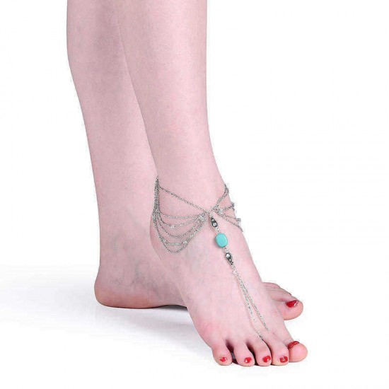 Retro Silver Anklet Turquoise Multilayer Vintage Barefoot Anklet for Women