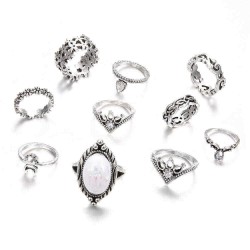 Retro Style Carved Gemstone Ring Set 10 Pieces Sliver Alloy Rings Kit Women's Joint Rings