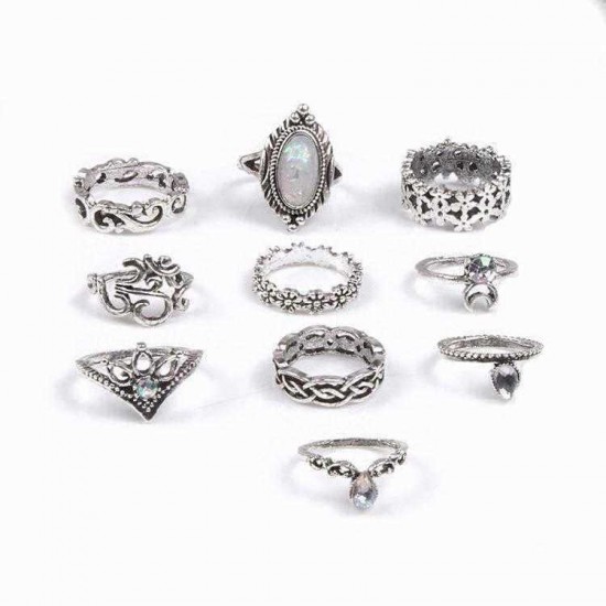 Retro Style Carved Gemstone Ring Set 10 Pieces Sliver Alloy Rings Kit Women's Joint Rings