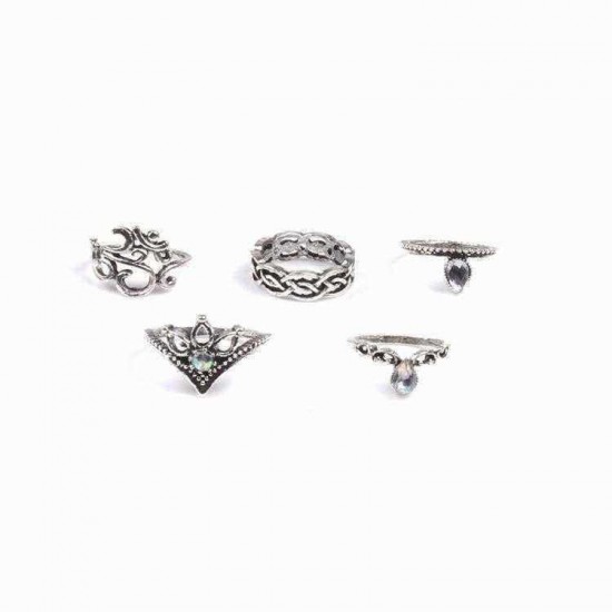 Retro Style Carved Gemstone Ring Set 10 Pieces Sliver Alloy Rings Kit Women's Joint Rings