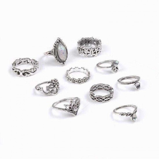 Retro Style Carved Gemstone Ring Set 10 Pieces Sliver Alloy Rings Kit Women's Joint Rings