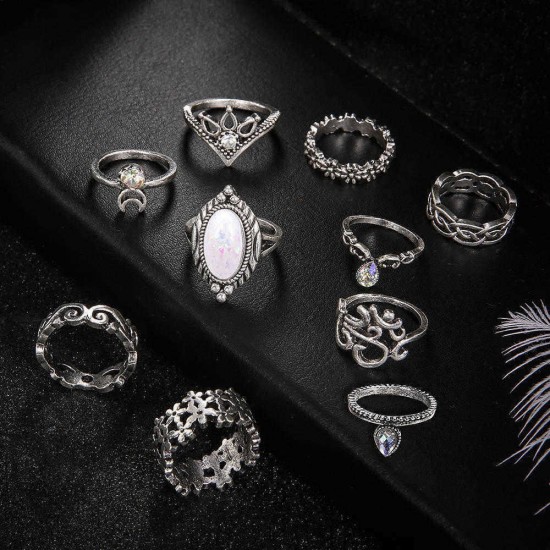 Retro Style Carved Gemstone Ring Set 10 Pieces Sliver Alloy Rings Kit Women's Joint Rings