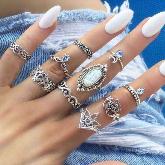 Retro Style Carved Gemstone Ring Set 10 Pieces Sliver Alloy Rings Kit Women's Joint Rings