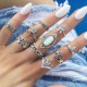 Retro Style Carved Gemstone Ring Set 10 Pieces Sliver Alloy Rings Kit Women's Joint Rings