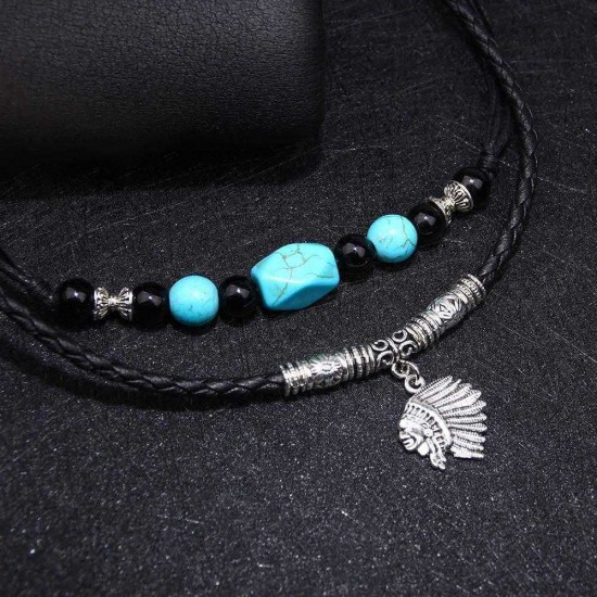 Retro Style Indian Avatar Necklace Double Layer Beaded Necklace For Men