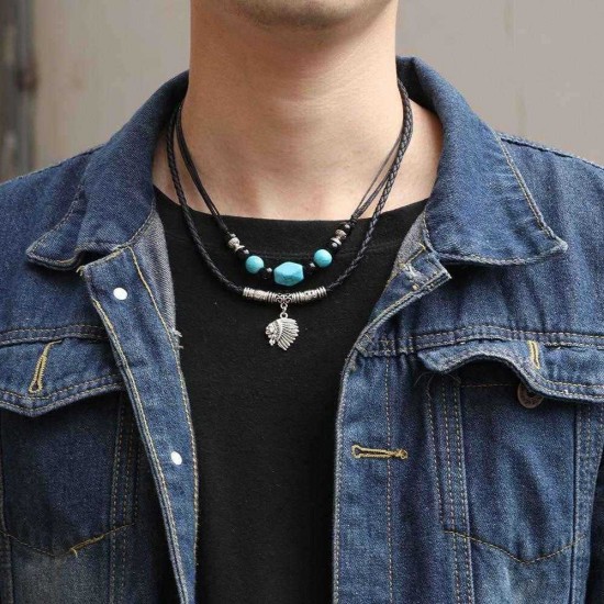 Retro Style Indian Avatar Necklace Double Layer Beaded Necklace For Men