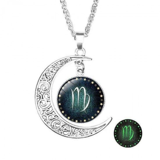 Retro Style Pendant Necklace Luminous 12 Constellation Crescent Necklace Gift For Girl