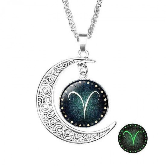 Retro Style Pendant Necklace Luminous 12 Constellation Crescent Necklace Gift For Girl