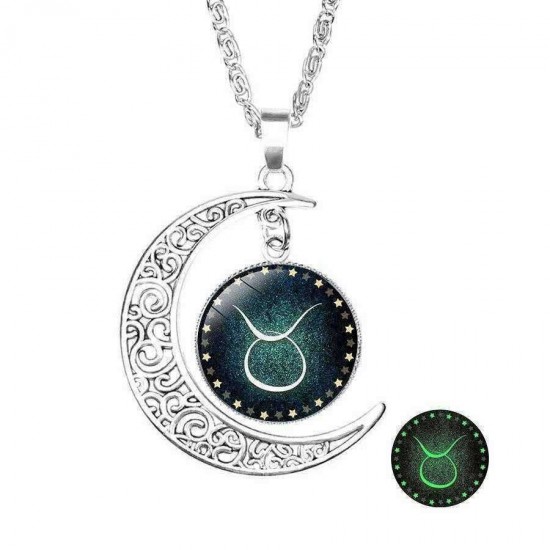 Retro Style Pendant Necklace Luminous 12 Constellation Crescent Necklace Gift For Girl