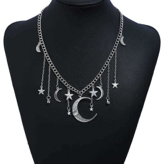 Retro Tassels Moon Star Necklace Rhinestone Pendant Alloy Necklace For Women