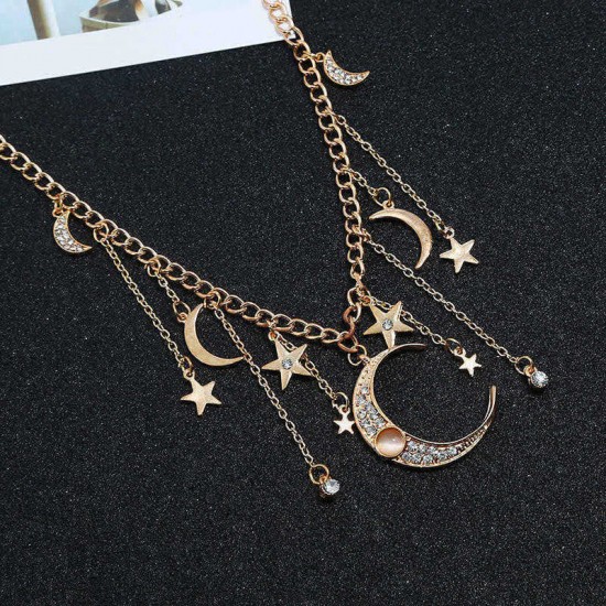 Retro Tassels Moon Star Necklace Rhinestone Pendant Alloy Necklace For Women