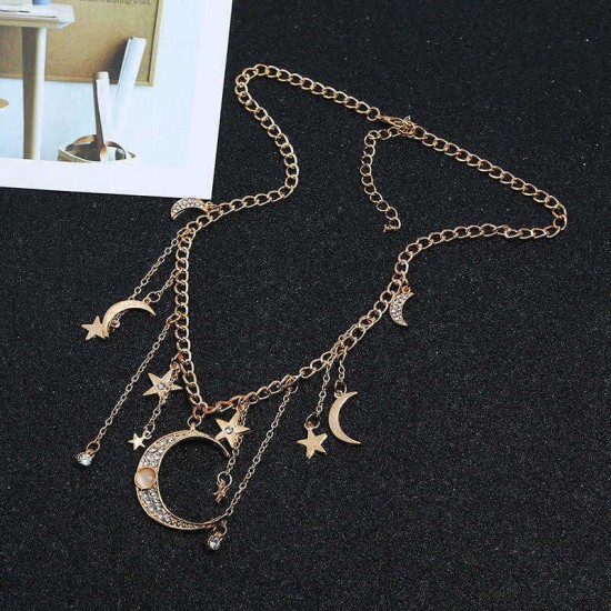 Retro Tassels Moon Star Necklace Rhinestone Pendant Alloy Necklace For Women