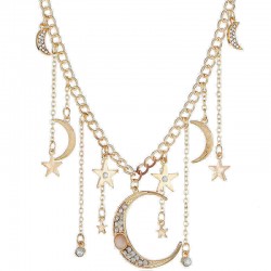 Retro Tassels Moon Star Necklace Rhinestone Pendant Alloy Necklace For Women