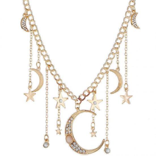 Retro Tassels Moon Star Necklace Rhinestone Pendant Alloy Necklace For Women