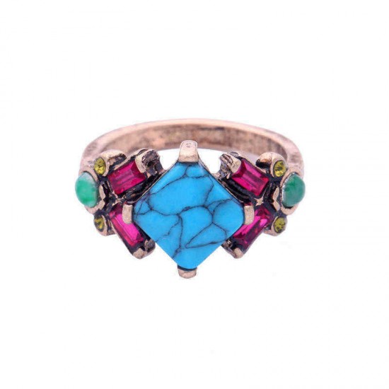 Retro Turquoise Flower Finger Ring Colorful Rhinestone Ring Jewelry For Women