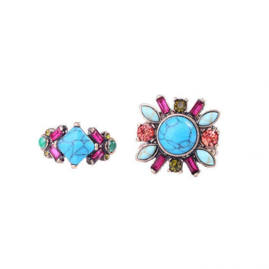 Retro Turquoise Flower Finger Ring Colorful Rhinestone Ring Jewelry For Women