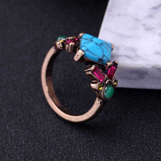 Retro Turquoise Flower Finger Ring Colorful Rhinestone Ring Jewelry For Women