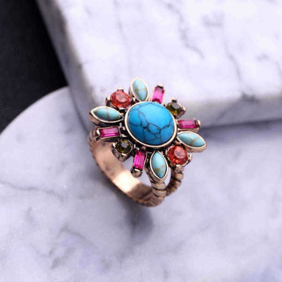 Retro Turquoise Flower Finger Ring Colorful Rhinestone Ring Jewelry For Women