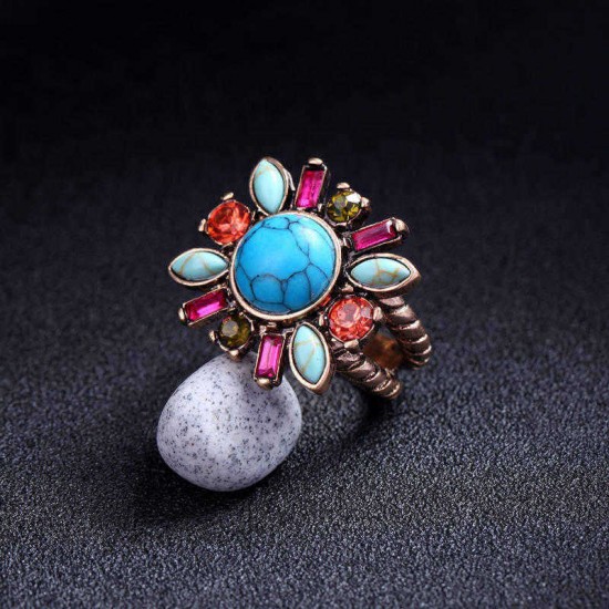 Retro Turquoise Flower Finger Ring Colorful Rhinestone Ring Jewelry For Women