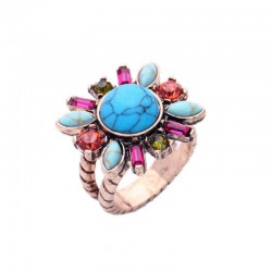 Retro Turquoise Flower Finger Ring Colorful Rhinestone Ring Jewelry For Women