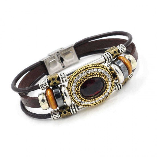 Retro Unisex Multilayer Stainless Steel Beads Bracelet Ethnic Rhinestone Geometric Leather Bracelet