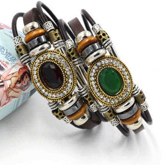 Retro Unisex Multilayer Stainless Steel Beads Bracelet Ethnic Rhinestone Geometric Leather Bracelet