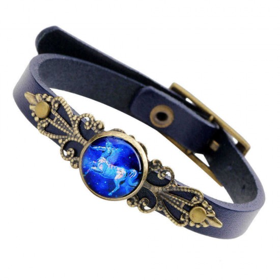 Retro Unisex Twelve Constellations Alloy Leather Bangle Anti-fatigue Adjustable Bracelet