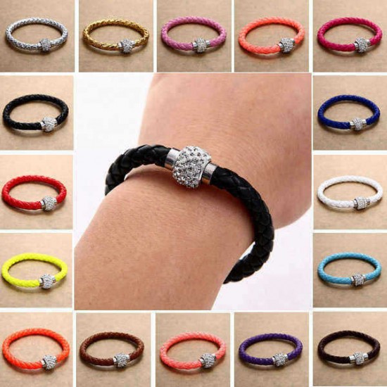 Rhinestone PU Leather Cuff Bracelet Magnetic Buckle Wrap Wristband