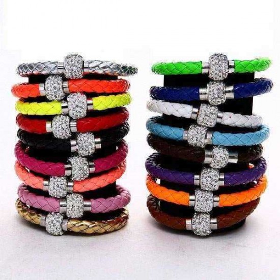 Rhinestone PU Leather Cuff Bracelet Magnetic Buckle Wrap Wristband