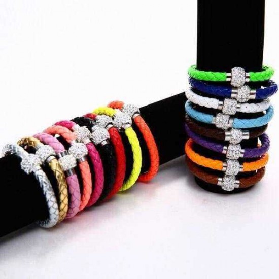 Rhinestone PU Leather Cuff Bracelet Magnetic Buckle Wrap Wristband