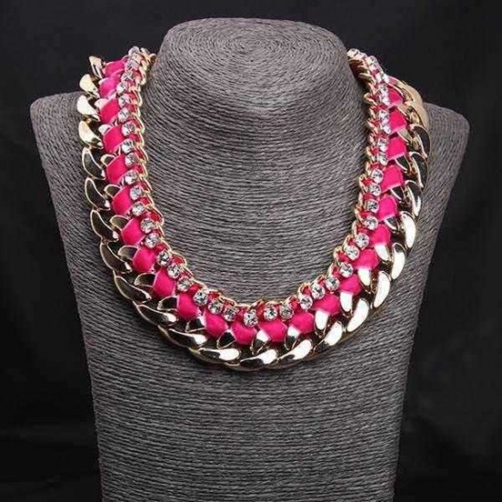 Rhinestone Woven Rope Thick Chain Collar Choker Statement Necklace