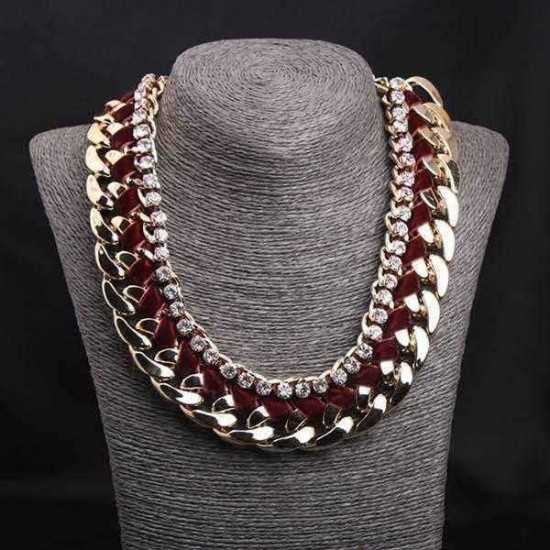 Rhinestone Woven Rope Thick Chain Collar Choker Statement Necklace