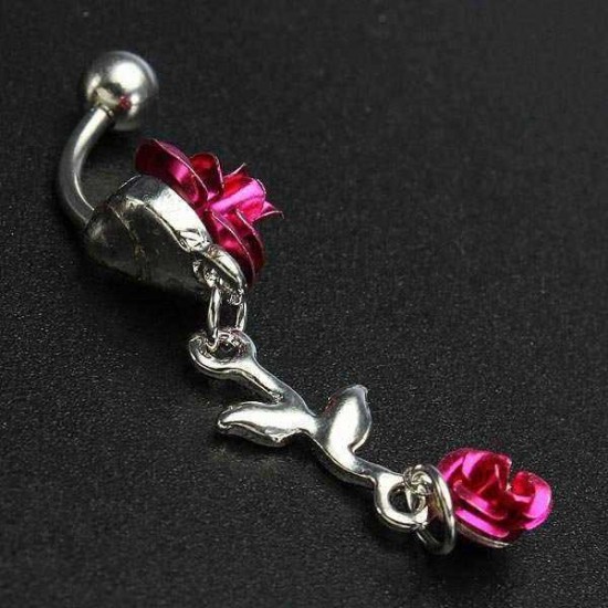 Rose Red Flower Stainless Steel Navel Belly Button Ring Body Piercing