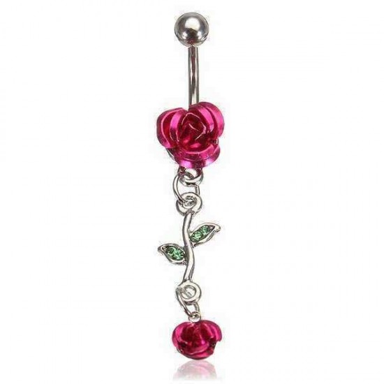 Rose Red Flower Stainless Steel Navel Belly Button Ring Body Piercing