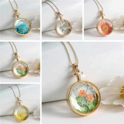 Round Glass Dry Flower Necklace Chain Women Alloy Jewelry