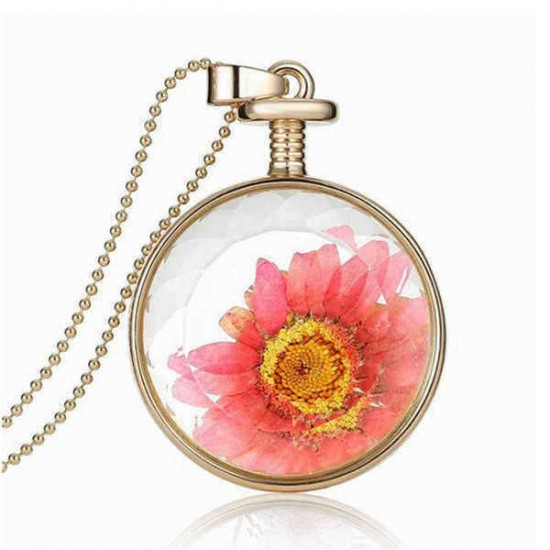 Round Glass Dry Flower Necklace Chain Women Alloy Jewelry