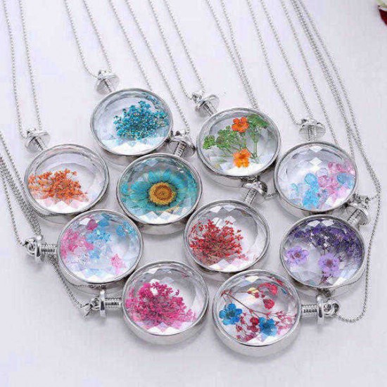 Round Glass Dry Flower Women Necklace Alloy Jewelry Christmas Gift