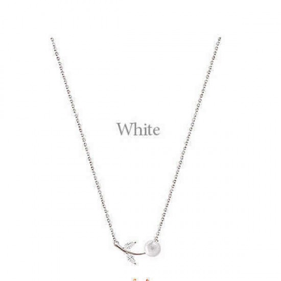 S925 Sterling Silver Rhinestone Artificial Pearl Leaves Short Clavicle Necklace