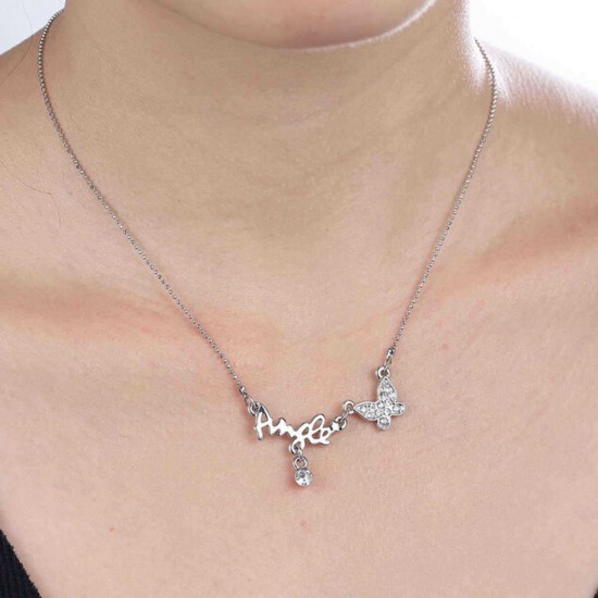 SIlver Crystal Rhinestone Heart Letter Moon Clavicle Women Necklace Chain