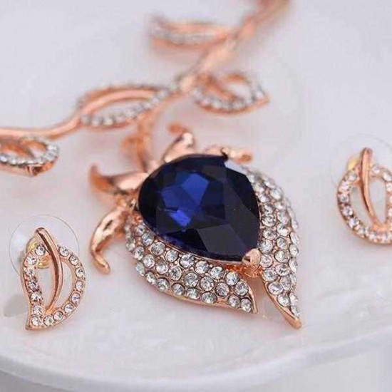 Sapphires Jewelry Set Alloy Leave Rhinestone Earrings Necklaces