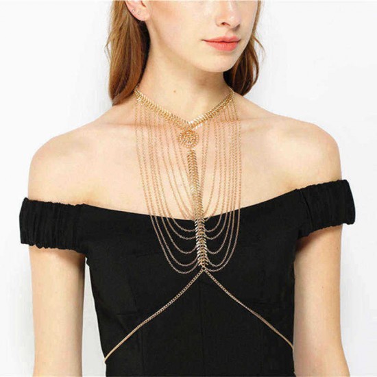 Sexy Hollow Flower Disc Multilayer Tassel Body Chain Elegant Alloy Long Necklace