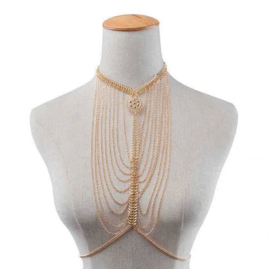 Sexy Hollow Flower Disc Multilayer Tassel Body Chain Elegant Alloy Long Necklace